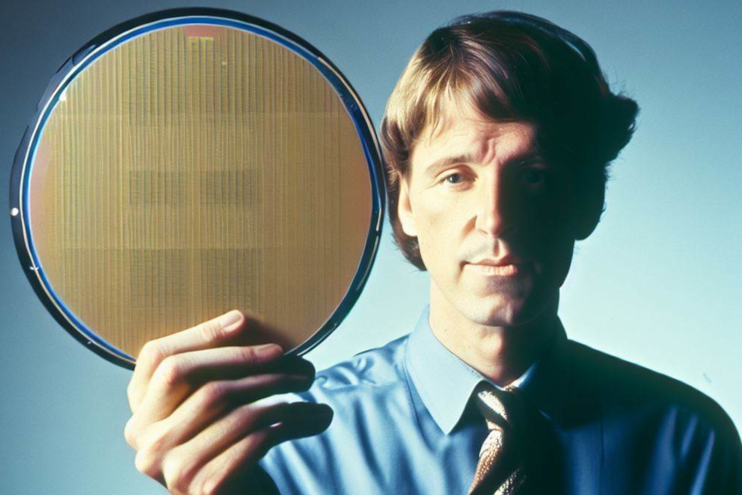 AI generated man holding a large silicon wafer disk.  The man appears to be middle aged and from the 1970s.