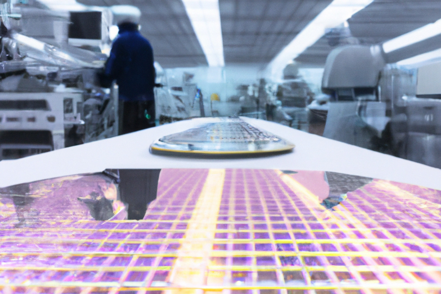 AI generated picture of silicon wafers on a factory line with workers in the background.