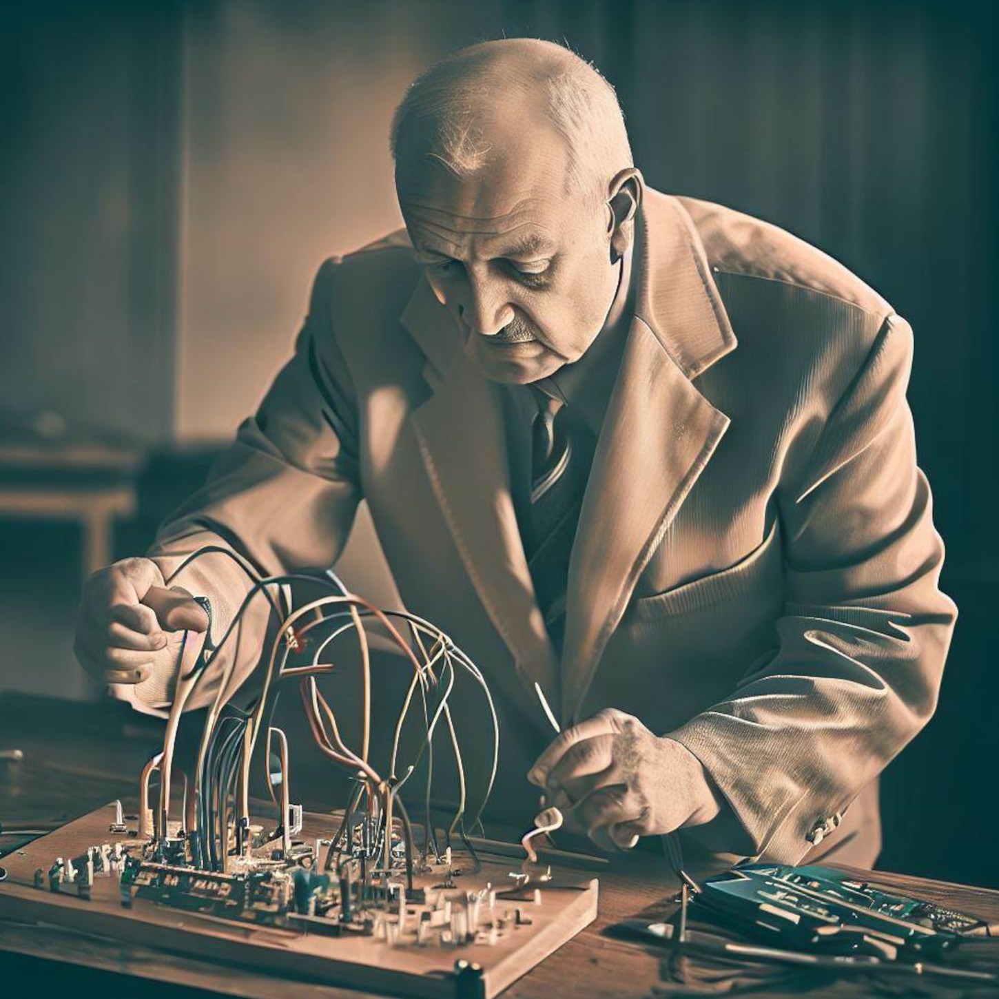 AI generated image of a man wearing a suit working on an electrical circuit.